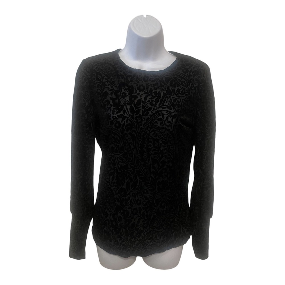 Lauren Ralph Lauren Black‎ Paisley Burnout Velvet Long Sleeve Top Womens Small